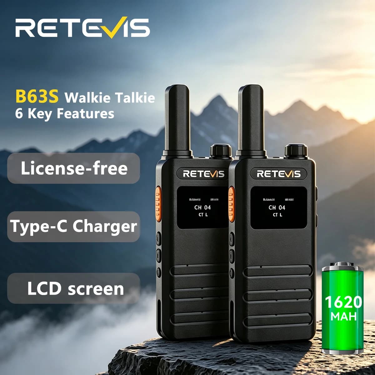 Retevis B63S(3nd Gen RT622) Walkie Talkie 2 Pcs with LCD Screen Ultra-thin, License-free, Type C, for Communication Radios