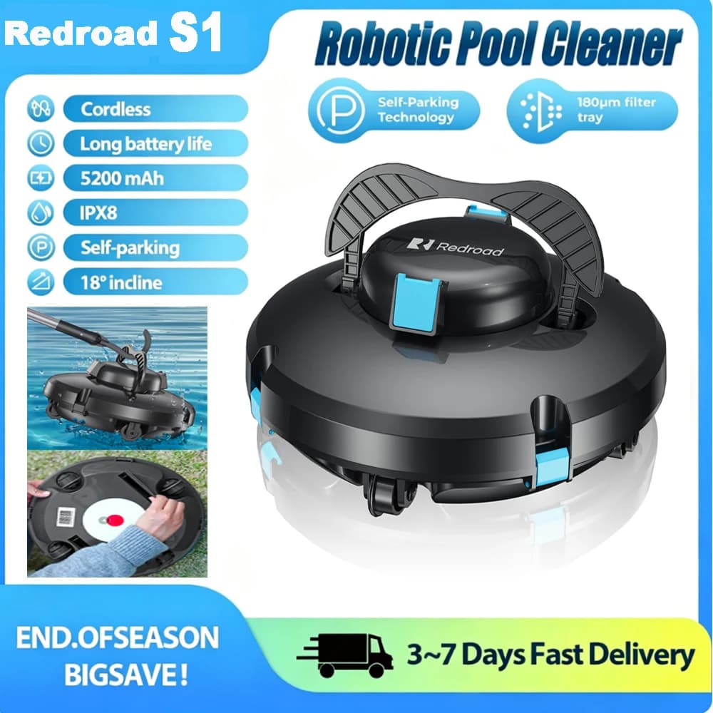 Redroad S1 Robotic Pool Vacuum, Cordless Pool Cleaner with 10 Mins Runtime, Auto-Parking, 2H Fast Charging, Ideal for Above Ground Pool