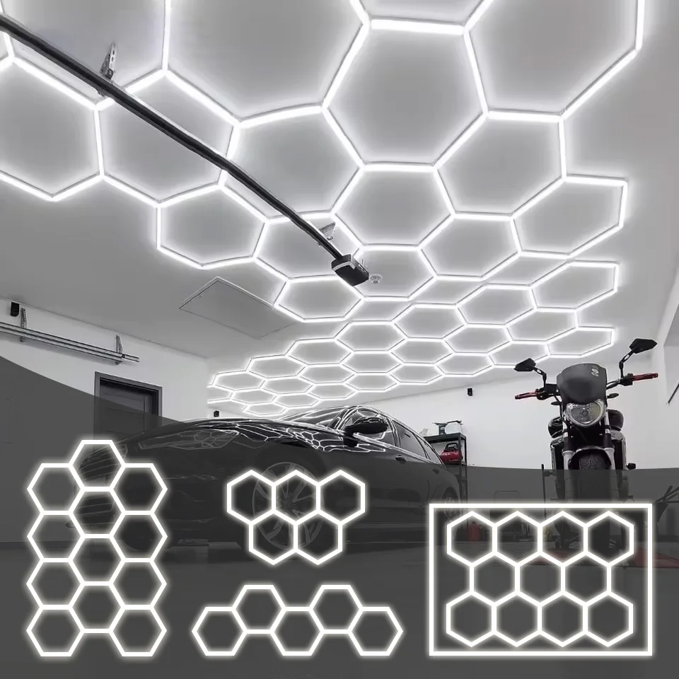 Hexagon LED Honeycomb Ceiling Light Commercial Hexagonal Tube Lighting for Garage Workshop Car Detailing 4S Shop Barbershop Gym