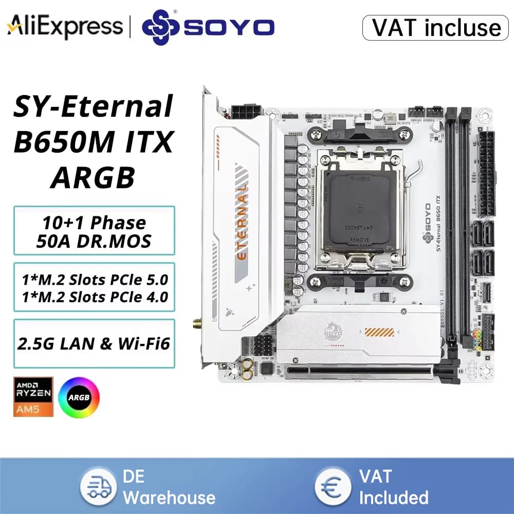 SOYO B650M WiFi AMD AM5 Mini-ITX Motherboard Supports AMD Ryzen 9000/8000/7000 Series Processor DDR5 Memory PCIe5.0 ARGB B650ITX