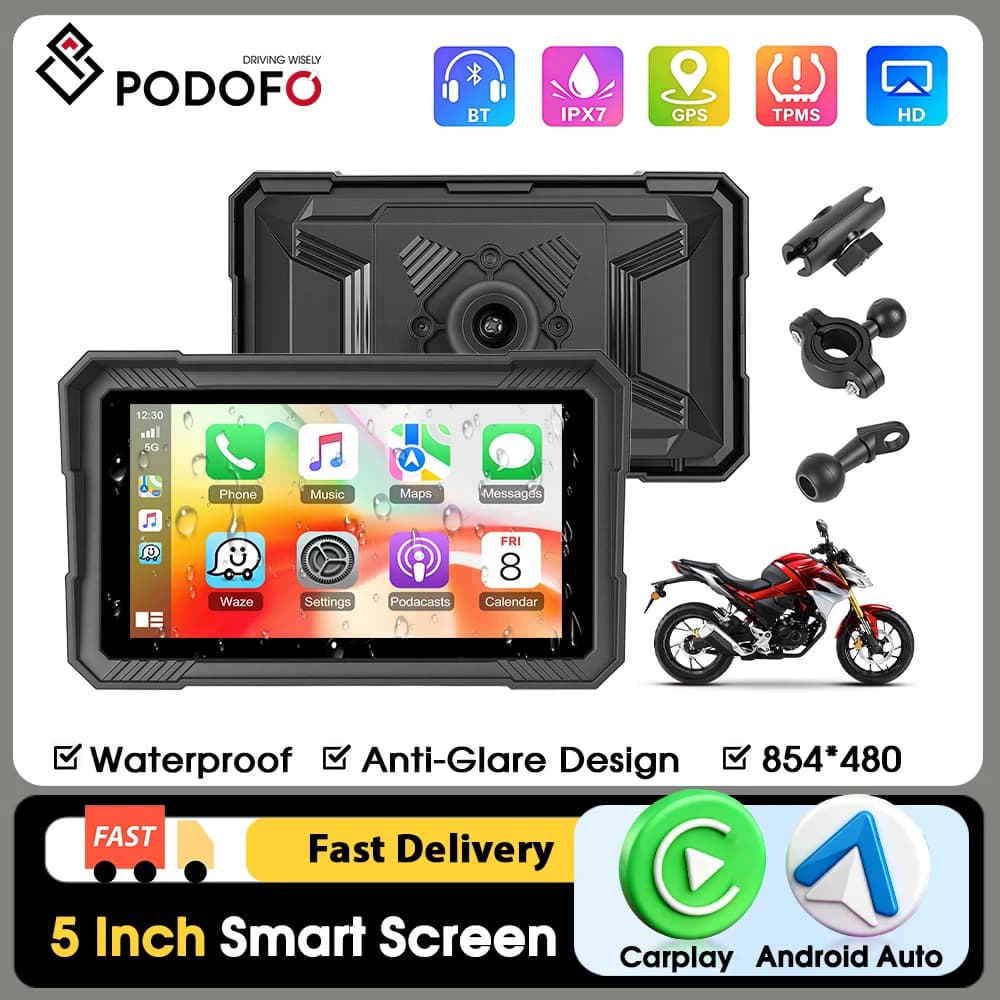  Podofo 5"/7" Screen Wireless Carplay Motorcycle GPS Navigation Smart Player Supports Android Auto tyre pressure monitoring IP67 Waterproof Recorder
