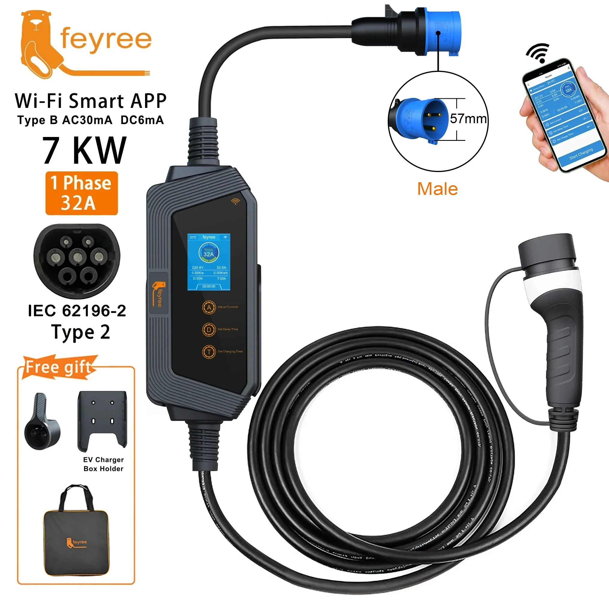 Feyree Portable EV Charger Type2 22KW 11KW 3P Fast Charging 32A 7KW 1P Smart APP Wi-Fi Control for Electric Vehicle Car Charger