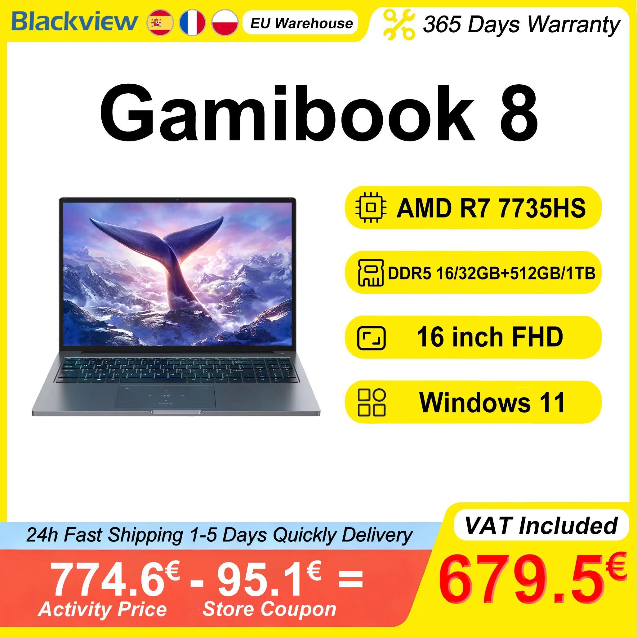 Blackview ‎GamiBook 8 Laptop 16" AMD R7 7735HS DDR5 16GB/32GB RAM 512GB/1TB ROM Windows 11 Pro Wifi 6 BT5.2 Backlit Keyboad