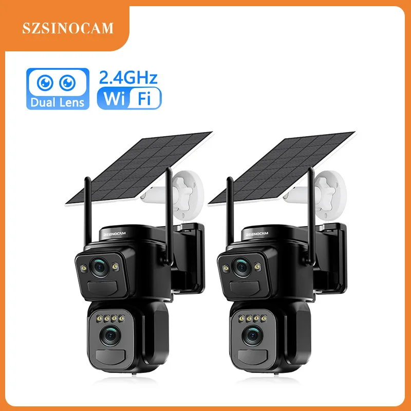 SZSINOCAM 2PCS Dual Lens Solar WiFi Camera Outdoor Security 24h Record Built in Battery Solar Panel Wireless Cam Alarm