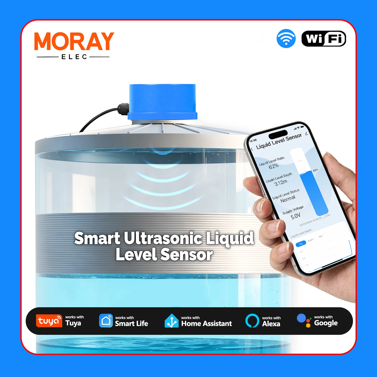 Moray ME201W Wireless Tuya Smartlife APP WiFi Ultrasonic Level Indicator Sensor Liquid Level Sensors Water Level Monitor