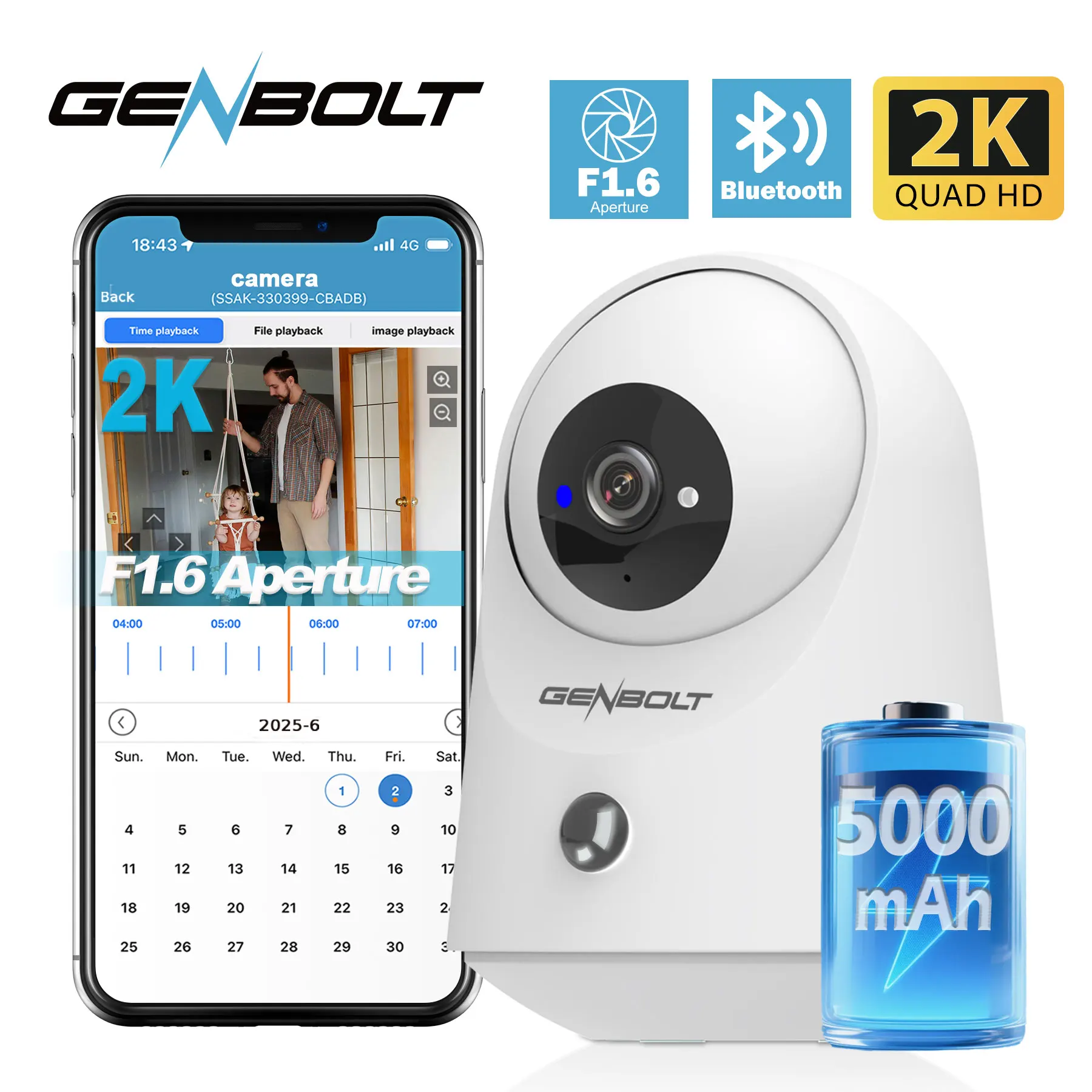 GENBOLT 5000mAh Battery 2K Security Camera, WiFi Indoor Pan Tilt PIR Motion Detection, for Home Baby Nanny Pet Monitoring