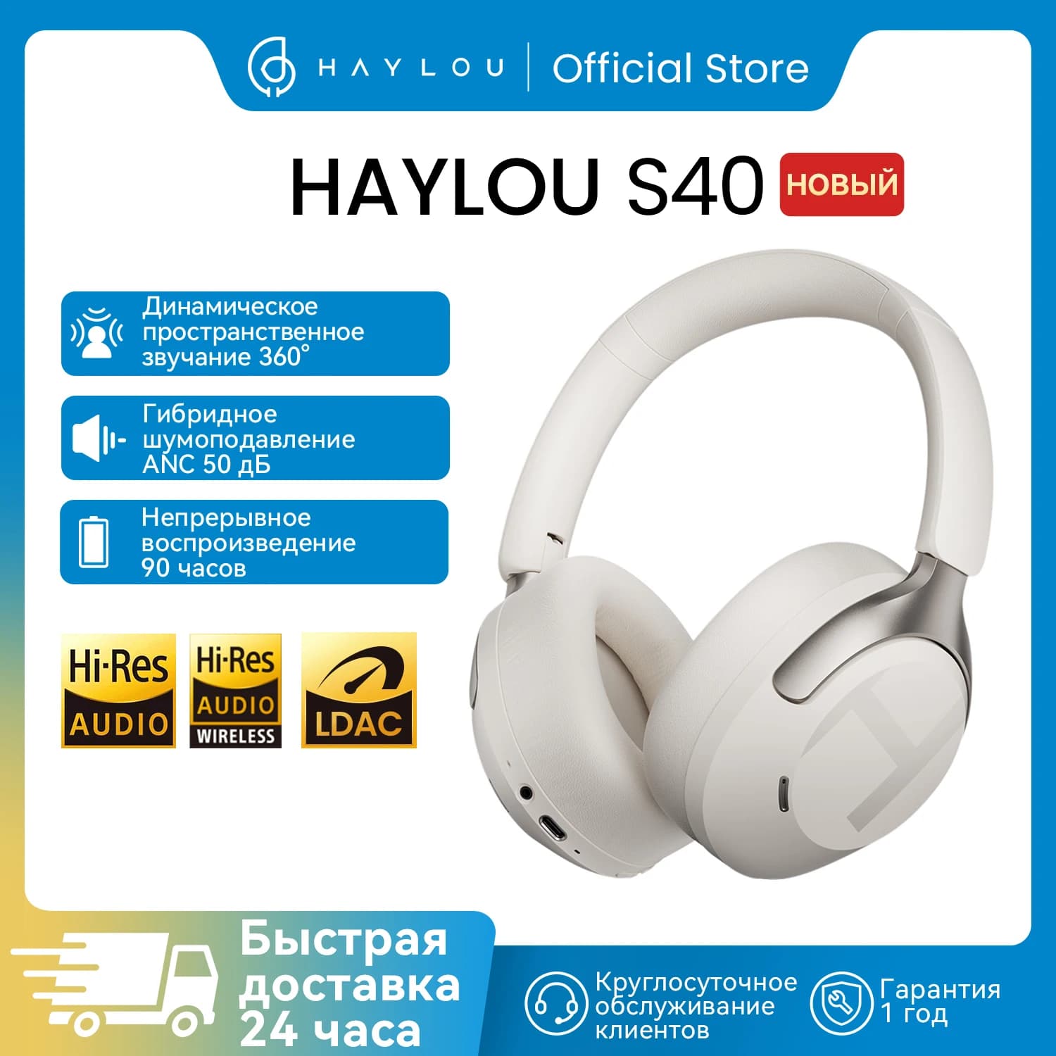 HAYLOU S40 ANC Wireless Headphones Bluetooth 6.0 Hi-Res Audio Over Ear Headset 50dB Hybrid Active Noise Cancellation Earphones