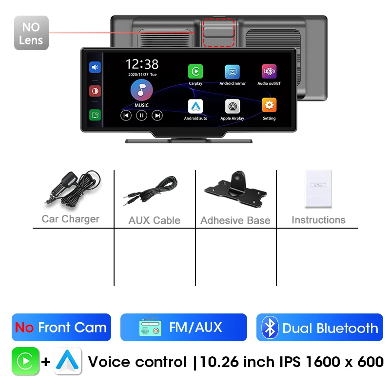 Srnubi 10.26 inch 4K Dash Cam Wireless CarPlay Android Auto Dashboard Car DVR Video Recording Night Vision GPS Navigation BT AUX