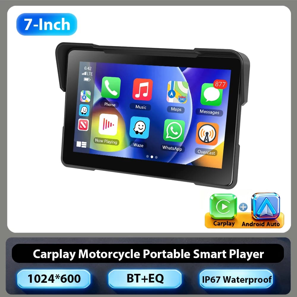 Podofo 7 inch Motorcycle DVR Navigation Wireless CarPlay Android Auto Motorcycle Monitor Portable Smart Player IP67 Waterproof