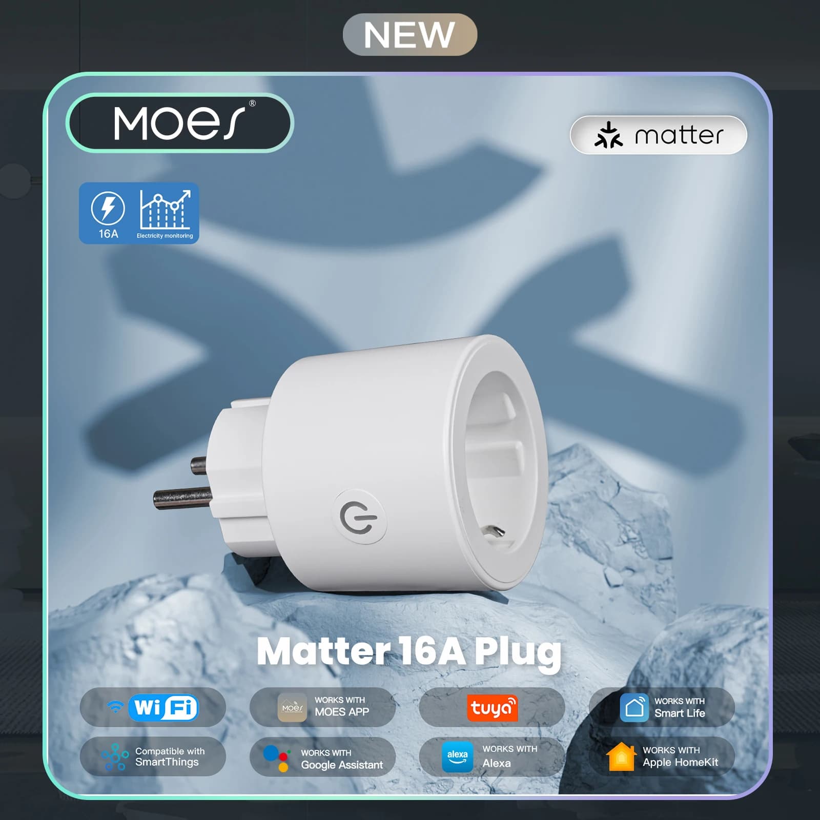 MOES Tuya 16A Smart Plug WiFi Socket with Power Monitor, Matter Compatible for Apple Home/Google/Alexa & Smartthings via App
