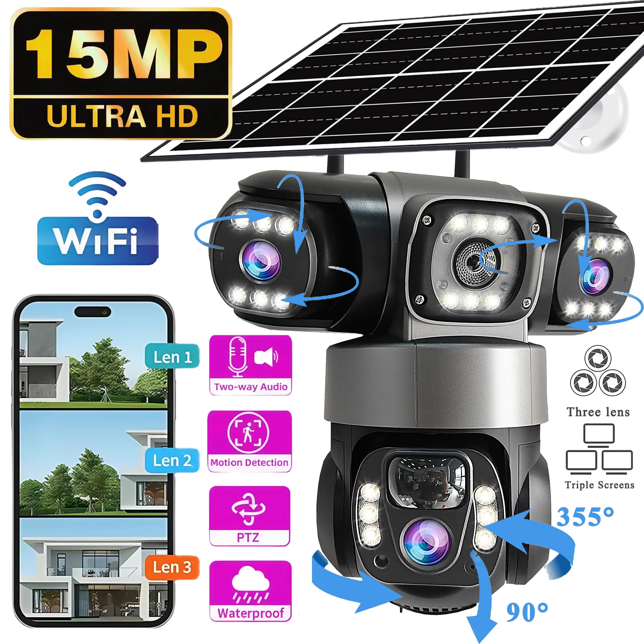 15MP HD Solar WIFI Security Camera with 3 Len 3 Screen V380 Pro 10X Zoom Night Vision Outdoor Waterproof PIR Human Detect CCTV 355-Degree Horizontal And Vertical 90-Degree Rotation Rechargeable Battery Powered WiFi Surveillance Camera