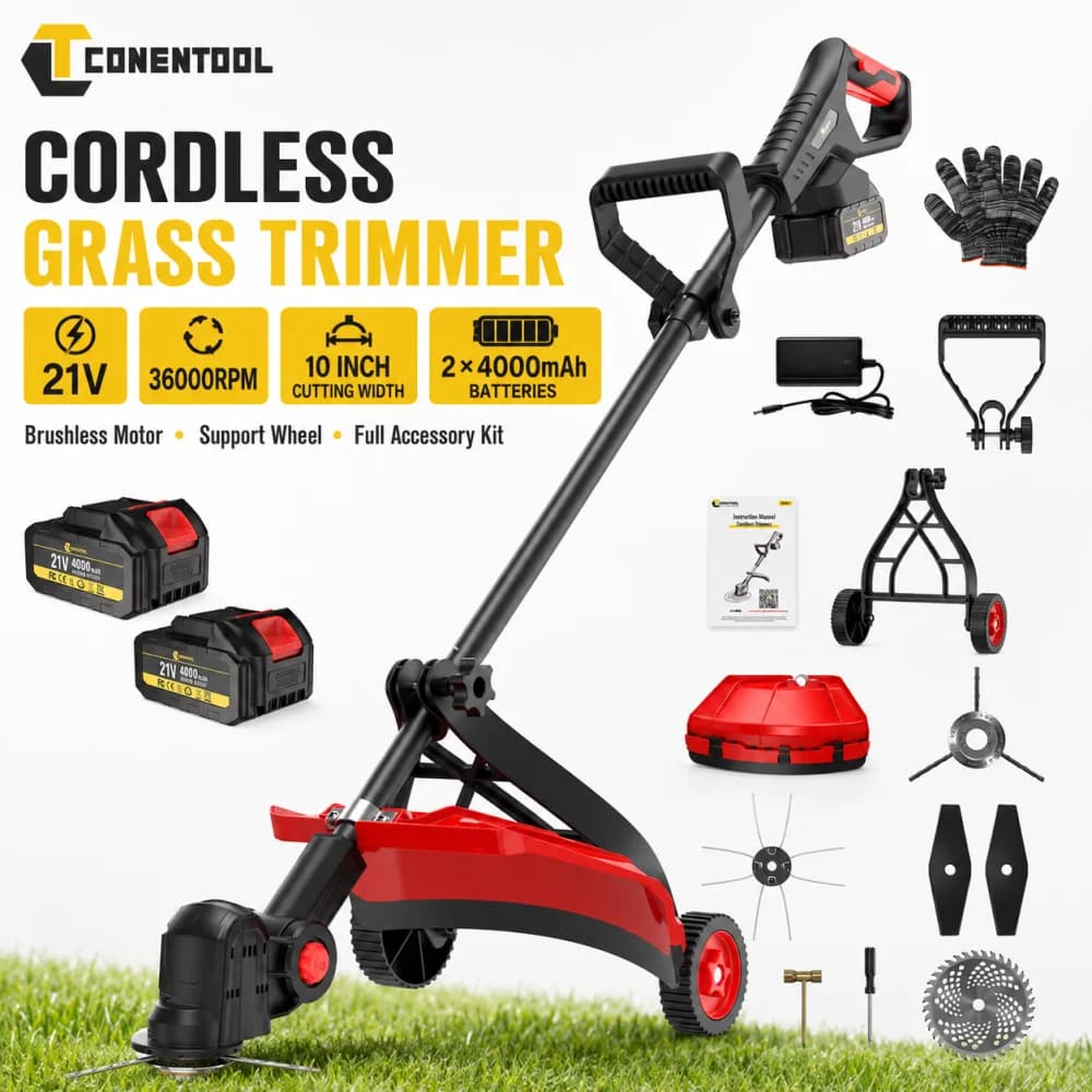 CONENTOOL 21V Brushless Cordless Grass Trimmer 36000RPM 10 Inch Electric Brush Cutter with 2x4000mAh Batteries Support Wheels Dual Safety Foldable Handle Saw Blade Metal Blades for Lawn Garden Orchard Yard Weed Cutting Outdoor Maintenance Home Garden