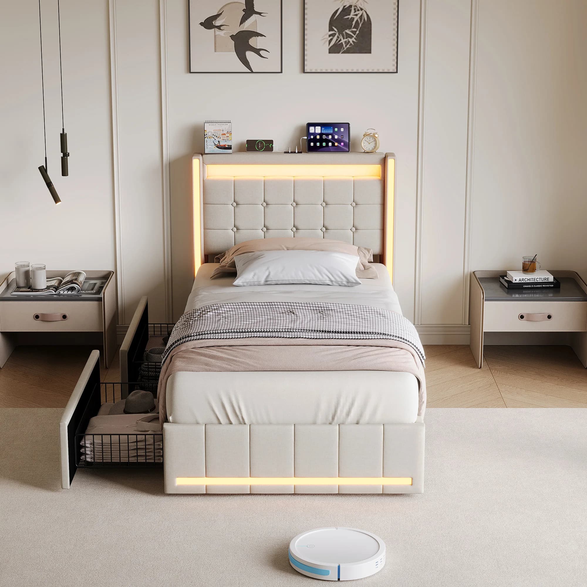Upholstered Bed 90x200 cm with Bed Box and with 2 Drawers，With Hydraulic Metal Frame and Wooden Slatted Frame，LED and USB，Children's Bed，Youth Bed，Single Bed，Linen,Beige/Grey，Without Mattress