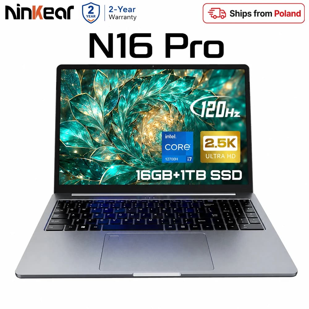 Ninkear N16 Pro 16" Laptop Intel i7-12700H 16GB RAM 1TB SSD 2.5K 120Hz Screen WiFi 6 Backlit Keyboard Fingerprint Slim Metal Notebook EU Plug