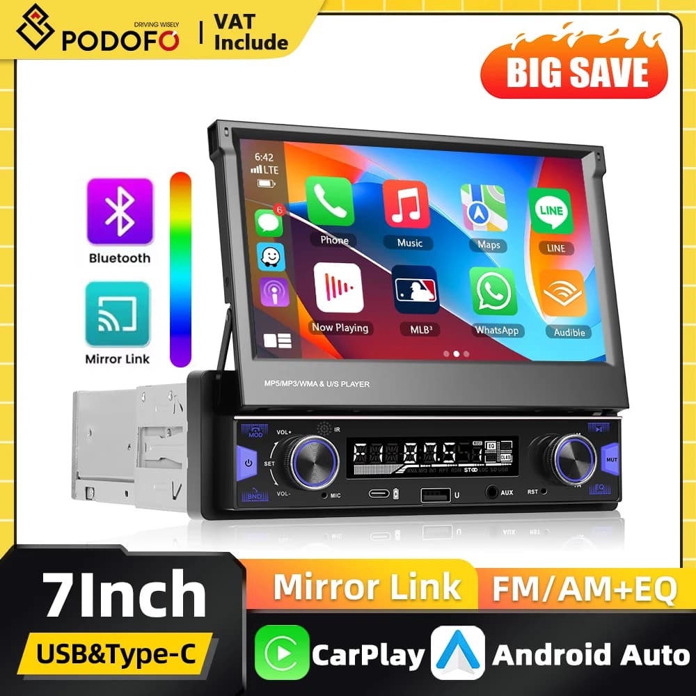 Podofo 7Inch Retractable Screen 1Din Carplay Car MP5 Multimedia Player Android Auto Video Radio Receiver With FM AM RDS EQ Sound Effects Car Audio Video System Upgrade