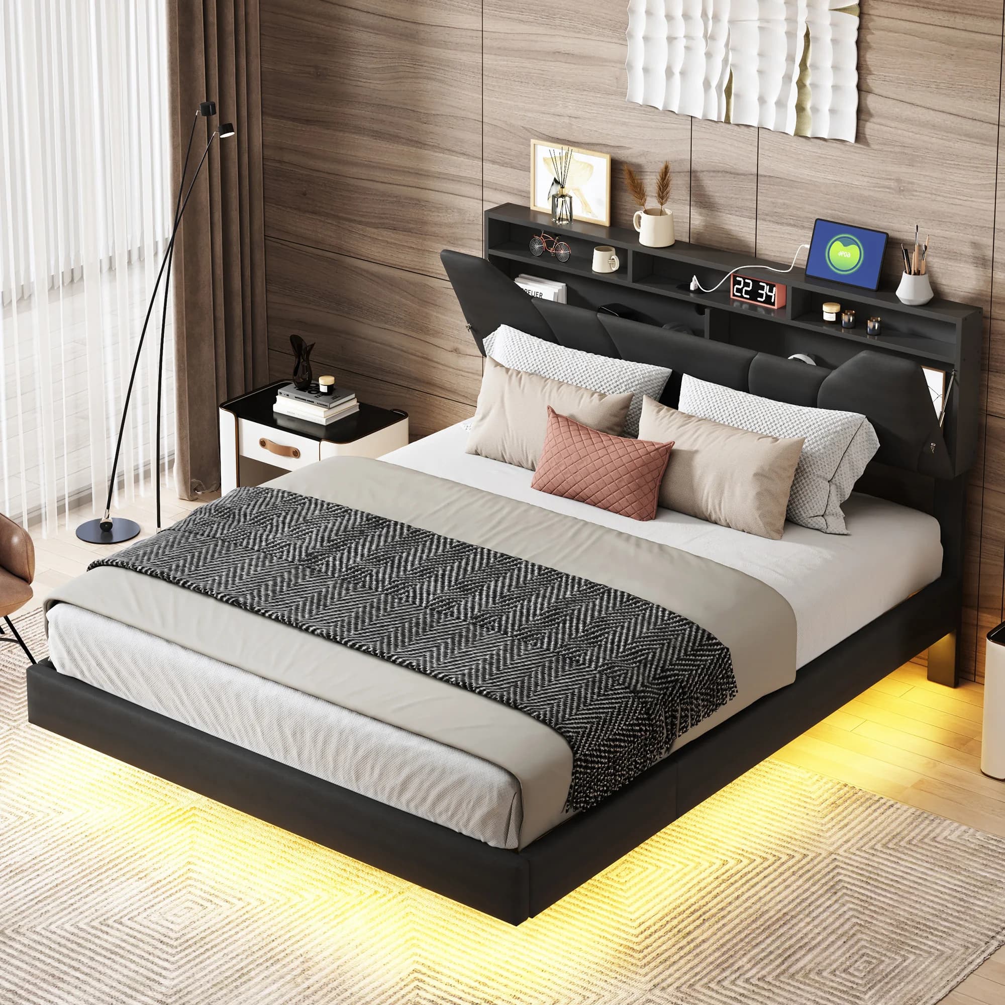 Fangange Upholstered Double Bed 140/160X200cm with LED Lighting USB, Storage Bed with Floating effect, Double Bed with Storage Headboard