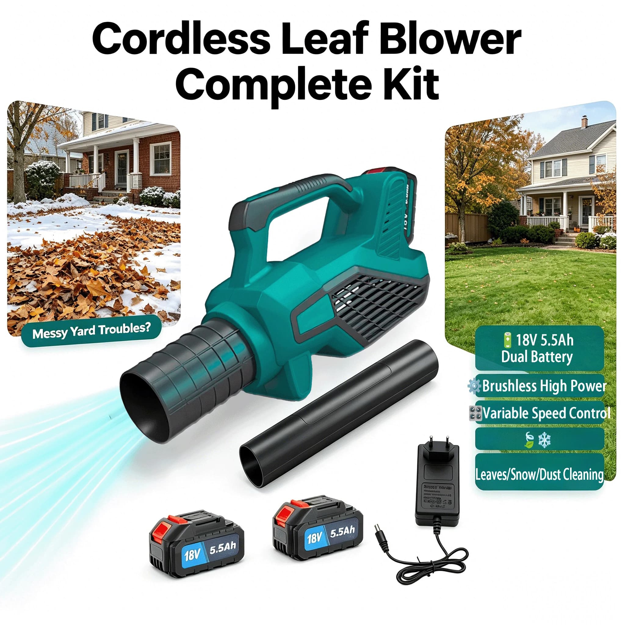 Cordless Leaf Blower Brushless Motor 530CFM 100MPH Variable Speed Electric Air Blower with 2 Batteries for Leaves Dust Snow Cleaning