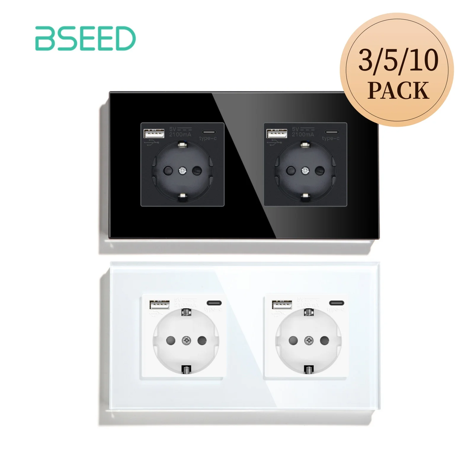 BSEED EU Standard Wall Electrical Double Sockets Type-C Outlets Wall Power USB Charge Port Glass Frame 16A 157mm