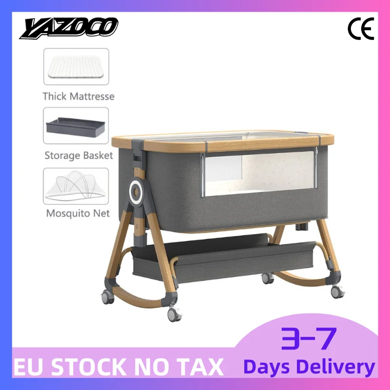 Multi-Functional Baby Crib with Foldable Height Adjustment Splicing, Portable and Movable Bedside Swing, Cradle, cradle and sleeping bed integrated Portable foldable baby crib