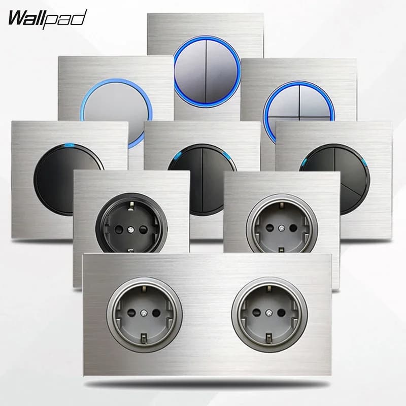 WALLPAD Silver Aluminum Brushed Metal Wall Light Switch with Circle Shape Blue LED EU French Wall Socket Black/Grey High Quality