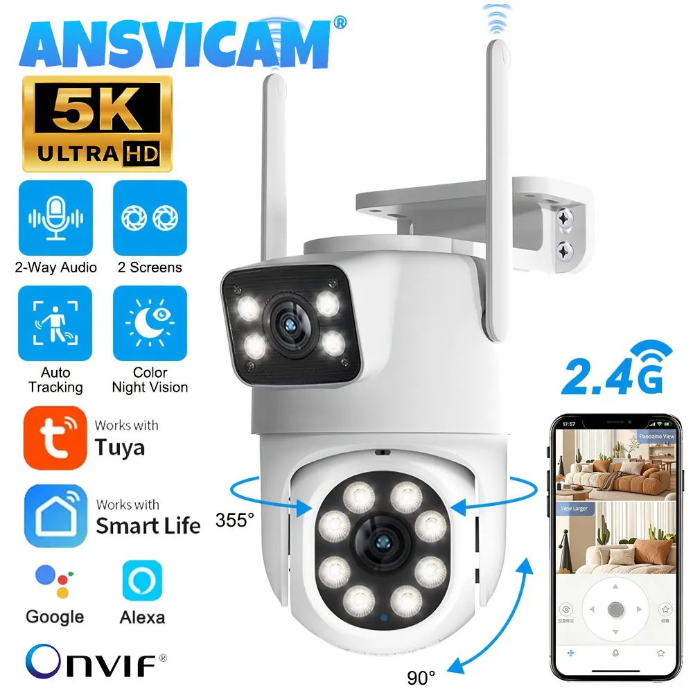 ANSVICAM 5K 10MP Tuya Wifi Camera PTZ Outdoor Dual Screen Human Detection Dual Lenses 4K Security Protection IP Cam Surveillance