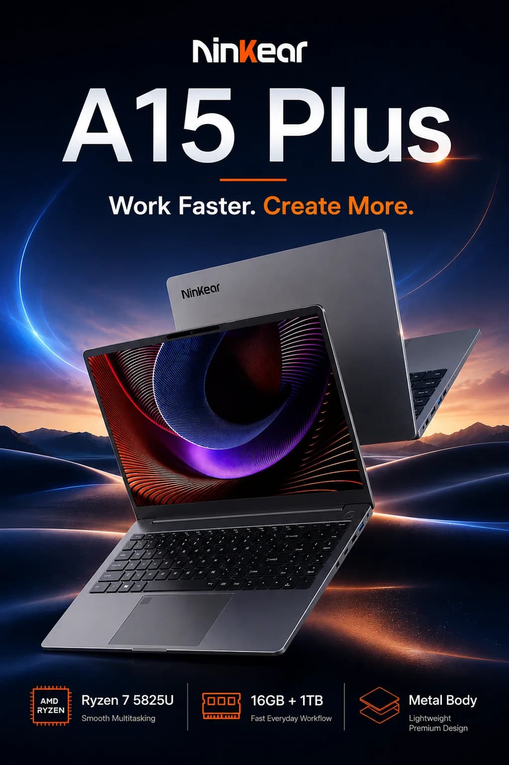 Ninkear A15 Plus Laptop 15.6" FHD IPS AMD Ryzen 7 5825U 16GB RAM 1TB SSD Fingerprint Unlock Backlit Keyboard WiFi 6 USB-C PD 65W Fast Charge Windows 11 Metal Notebook EU Plug
