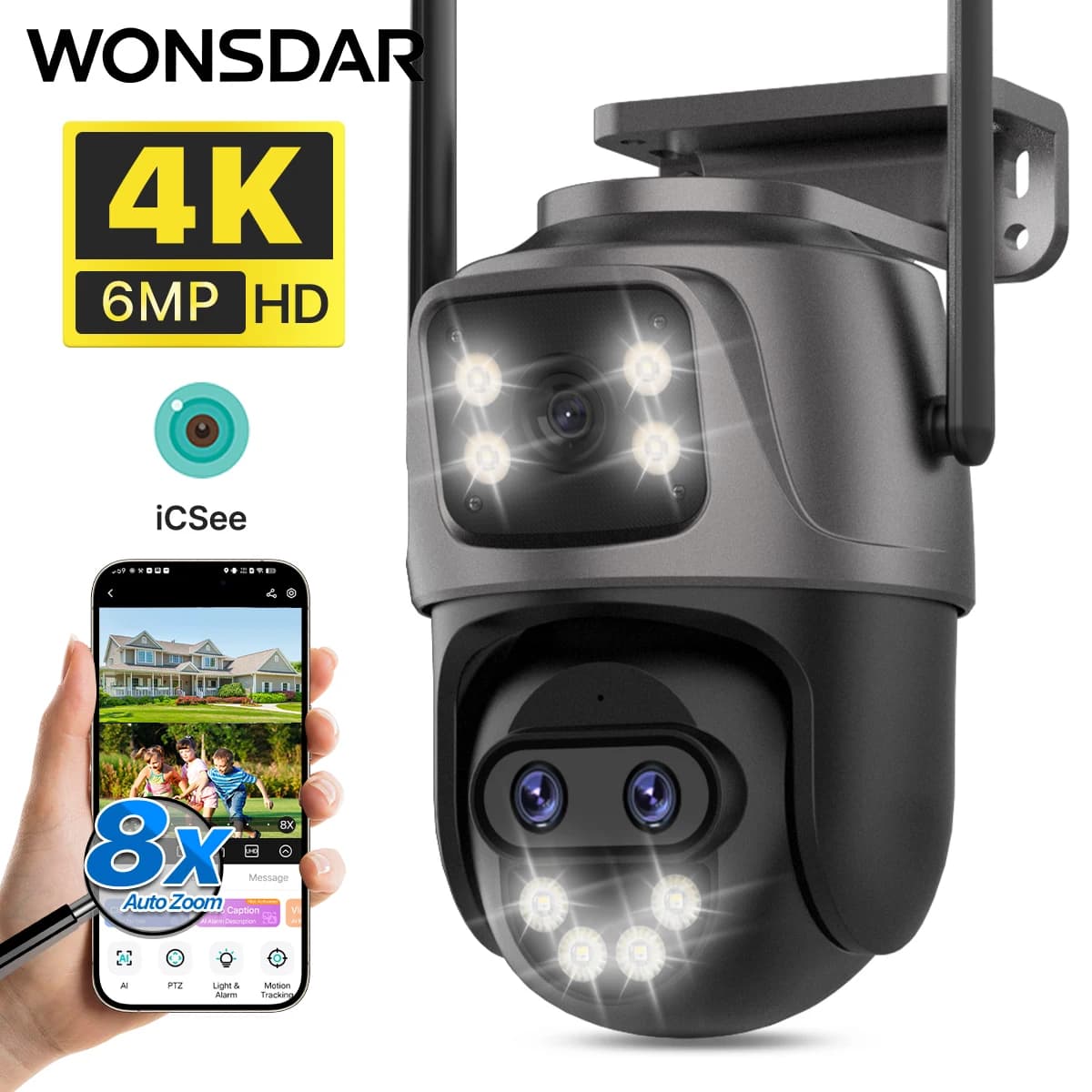 WONSDAR 4K 6MP WiFi Camera Outdoor Three Lens Dual Screens 8X Digital Zoom Human Tracking IP66 Waterproof CCTV Video Surveillance