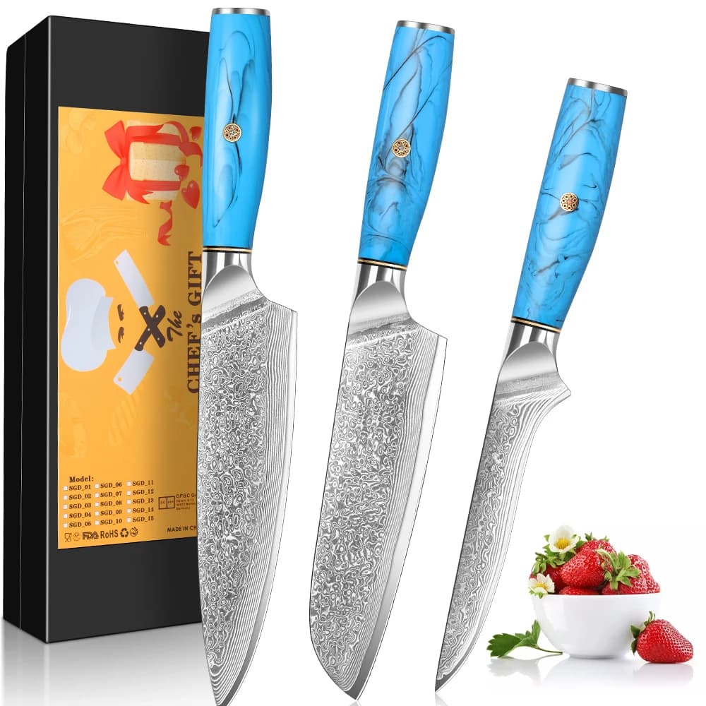 3pcs Damascus Kitchen Knife Set, Stainless Steel Kitchen Knife Set,Chef's Knife Set, Professional Santoku Knife Set
