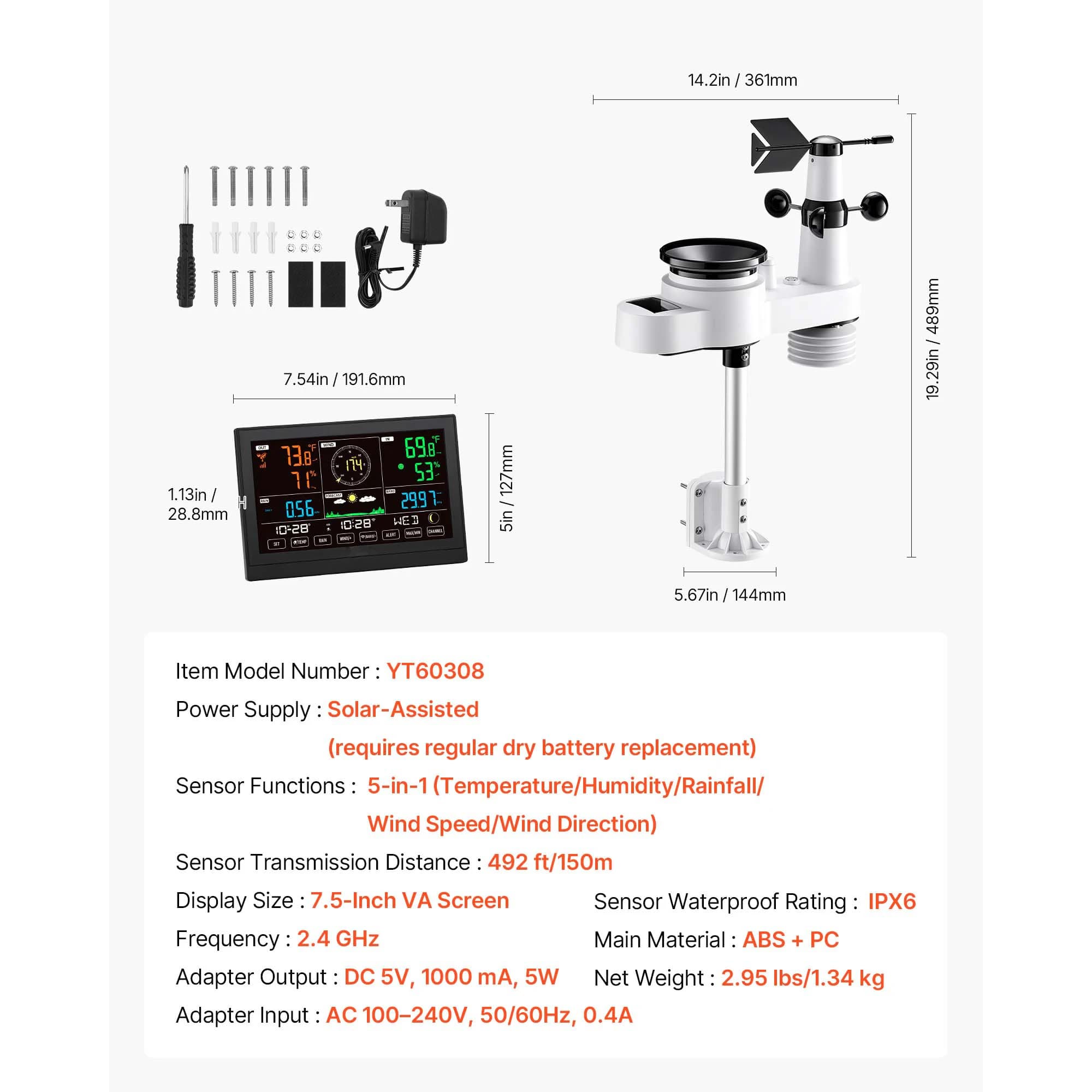SucceBuy 5-in-1 Solar Powered Wi-Fi Weather Station for Weather Forecast, Wind Speed Direction, Temperature, Humidity, Rainfall