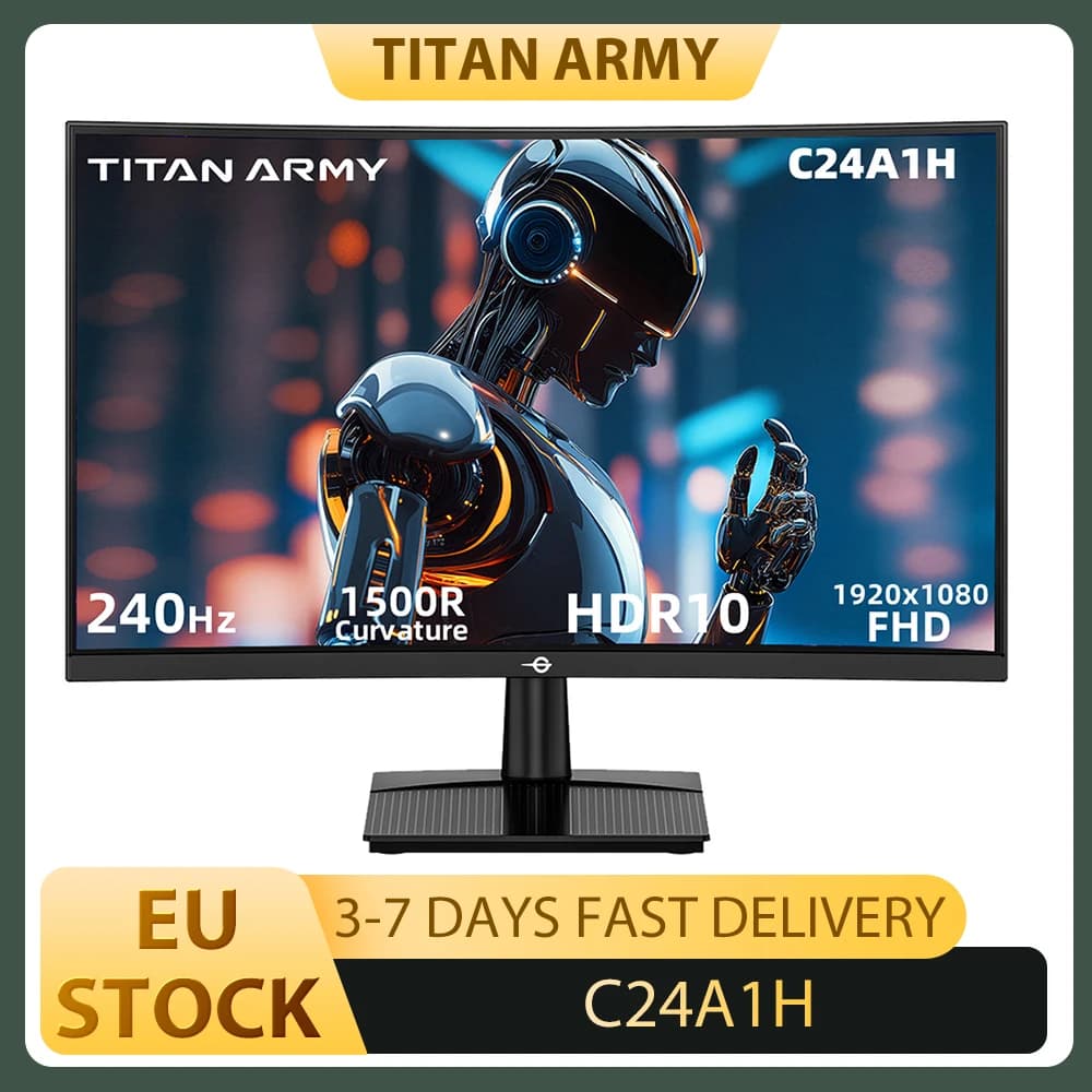 TITAN ARMY C24A1H Gaming Monitor, 23.6 inch 1500R Curved VA Screen, 1920*1080, 240Hz Refresh Rate, Dynamic OD, FreeSync, HDR10, 10 Scenario Modes, 96% sRGB, Game+, 1*HDMI 2.0, 1*DP1.2, 1*Audio, Low Blue Light