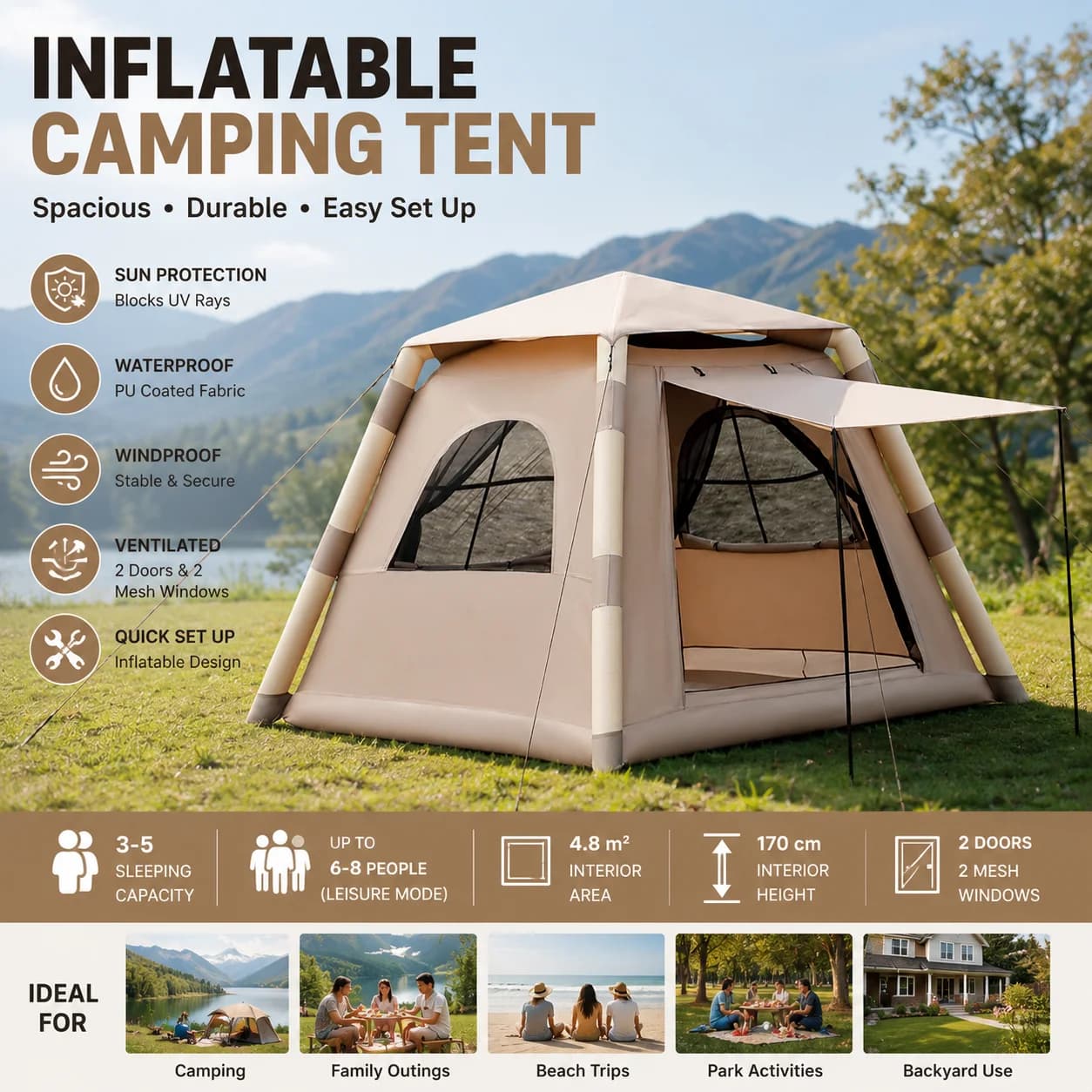 Inflatable Family Camping Tent, PU Coated Oxford, UV Protection & Waterproof, 3-5 Person, 4.8m² with 1.7m Height, Quick Setup, Beige