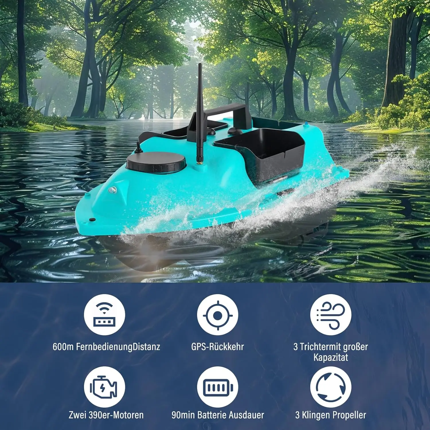 52W 2KG Feeding Boat Remote Control Bait Boat, 600 m Feeding Boat RC Fishing Bait Boat, Fishing Bait Boat with GPS  2 x 5200 mAh (Blue)