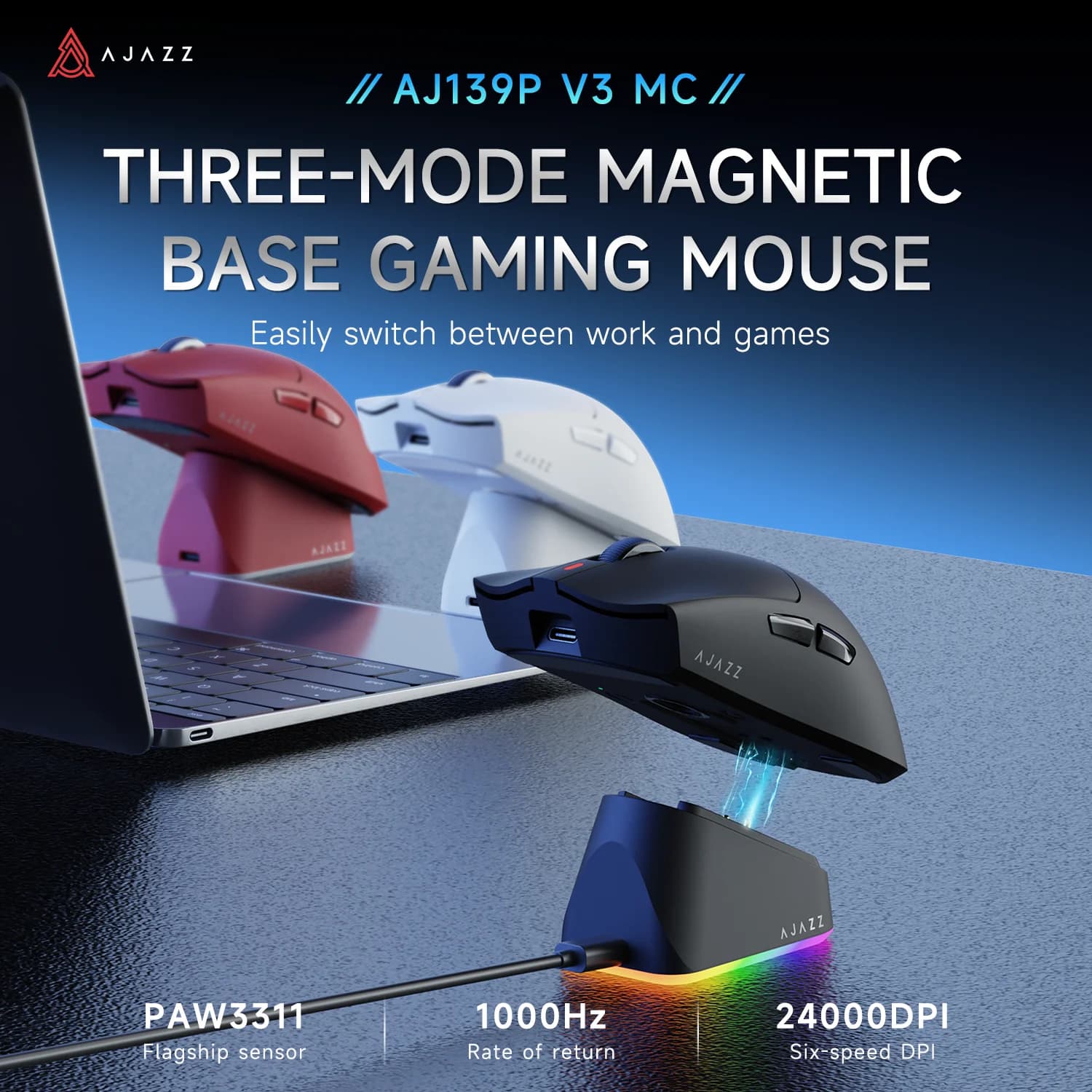 AJAZZ AJ139P NL V3 ULTRA Tri-Mode Wireless Gaming Mouse with 8K Polling Rate, Built-in PAW3395 Sensor