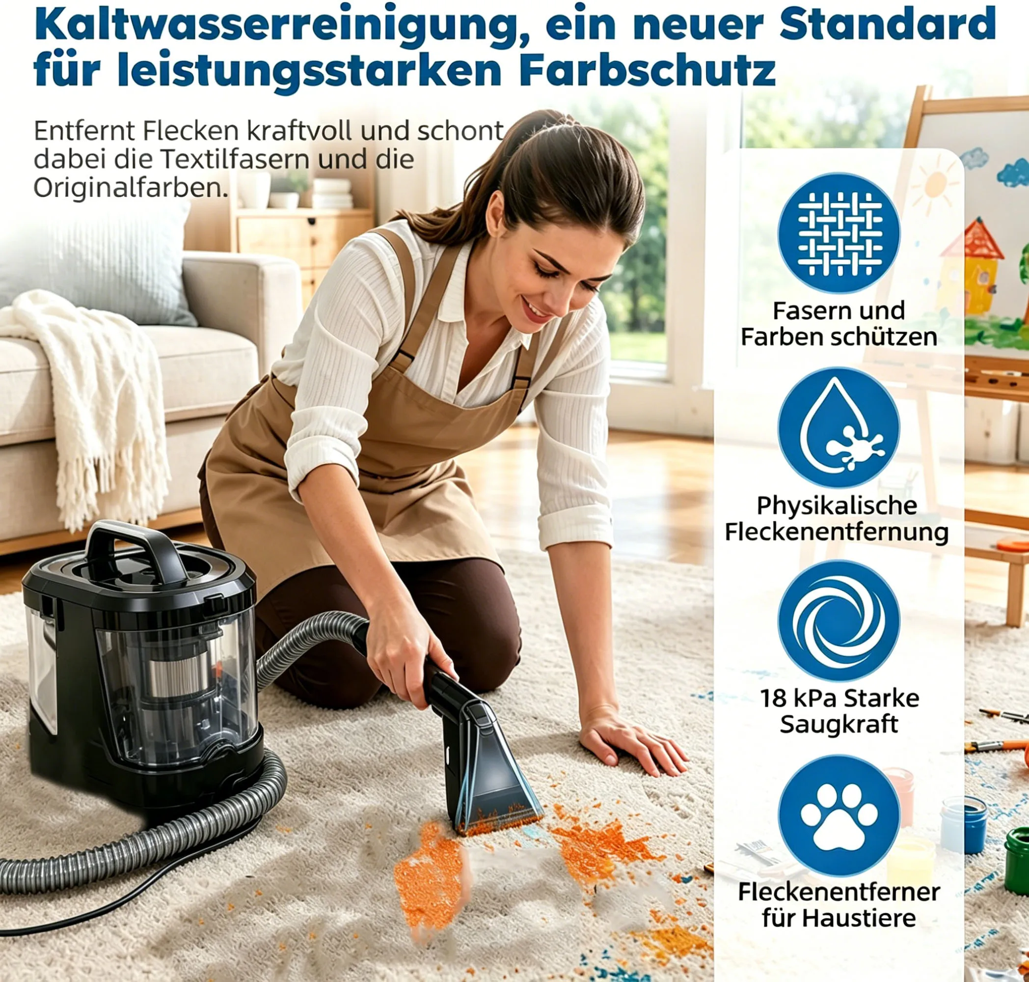 18kPa High Suction Upholstery Cleaner, wet-dry carpet extractor for carpets, sofas, car interiors and mattresses. Handheld dual-tank design removes fabric stains and pet hair efficiently.
