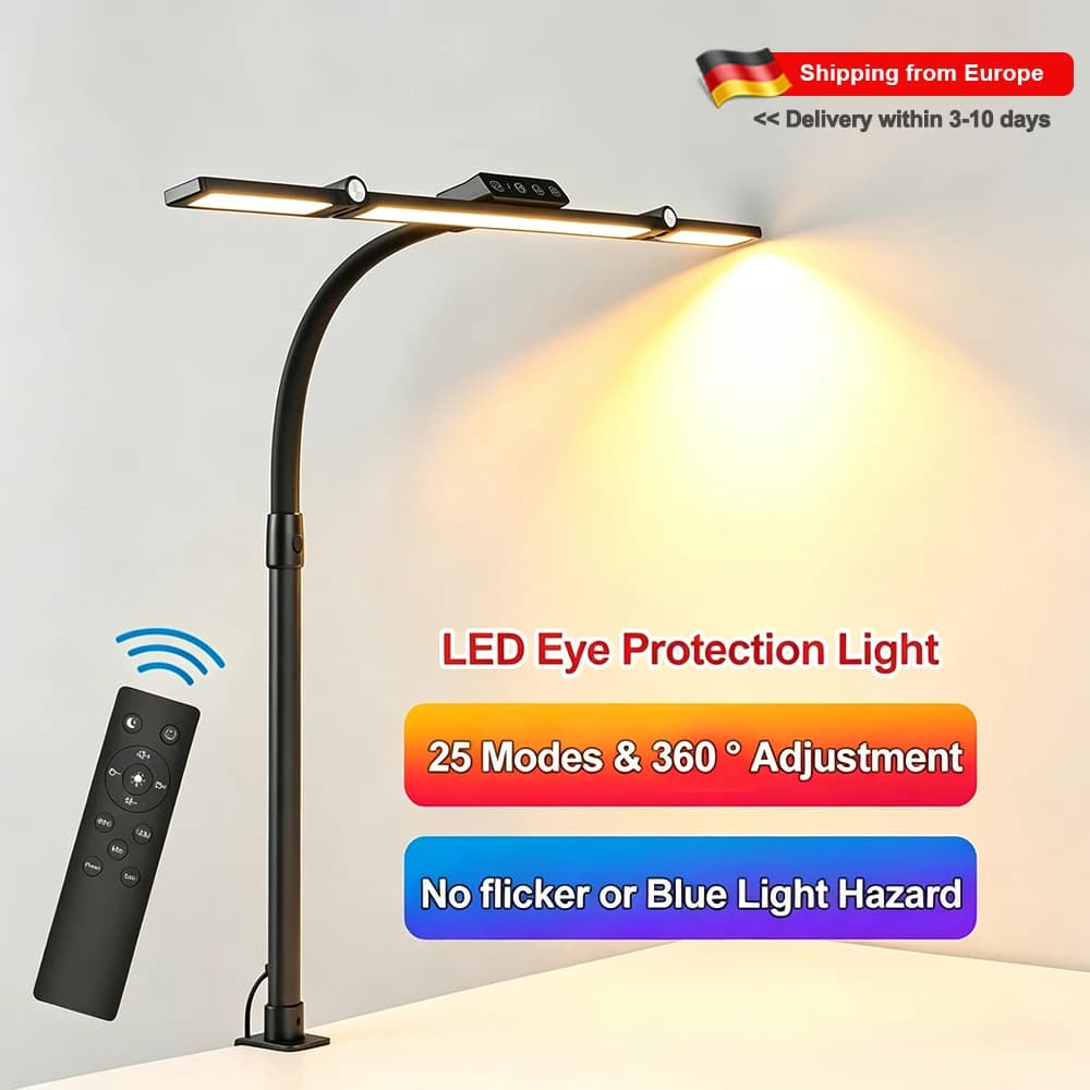Home Office LED Desk Lamp Triple Head Stepless Dimming Eye-Caring Reading Lights 5 Color Mode Flexible Adjustable PC Table Clip-on Lamps Full Spectrum Computer Monitor Lamp