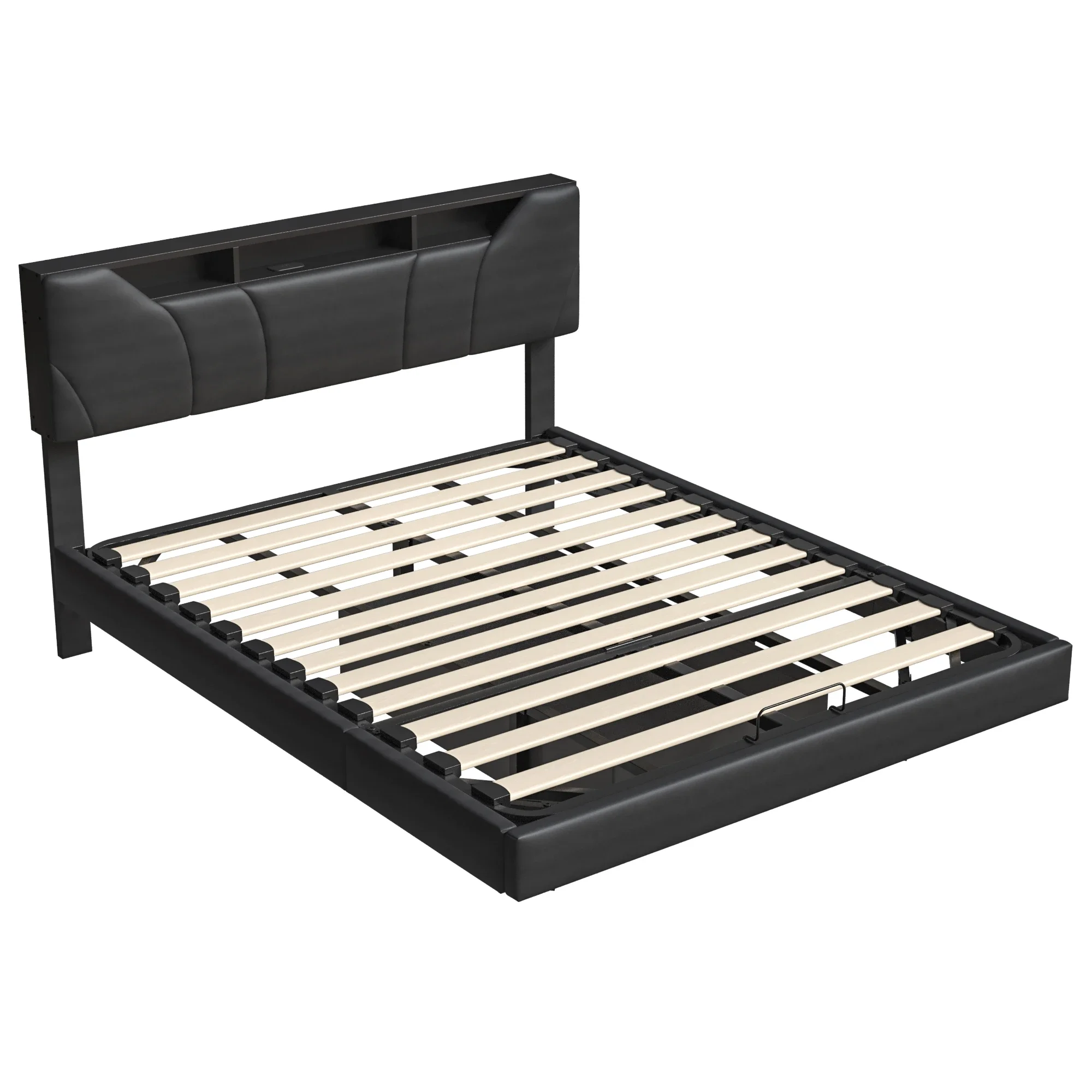 Comanlai Double Bed 140x200 / 160x200cm, Black PU Upholstered Bed, Bed Frame with Hydraulic Lift Up Systhem Storage Box, Adjustable Height Upholstered Storage Headboard, Wooden Slat Load 340kg, No Mattress Included, for Master Bedroom