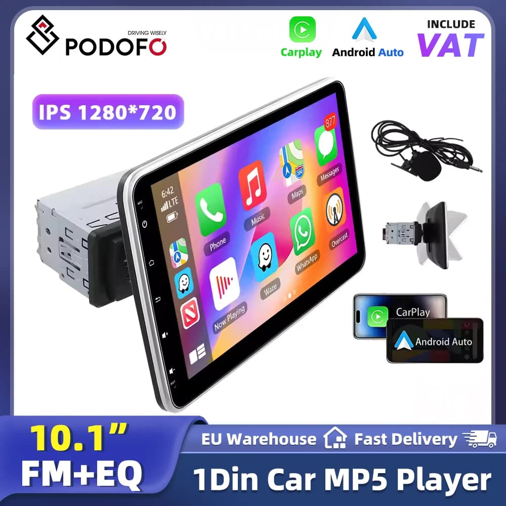 Podofo 10.1Inch HD Manual Retractable Touch Screen 1DIN Car MP5 Player Carplay Autoradio FM Receiver Multifunctional Multimedia Video Player For Universal Vehicles