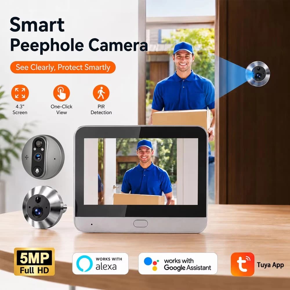 Tuya Smart 5MP 140° Wide View Angle Digital Peephole Eye View WiFi PIR Detection Doorbell Door Camera Alexa Google 4.3" Monitor