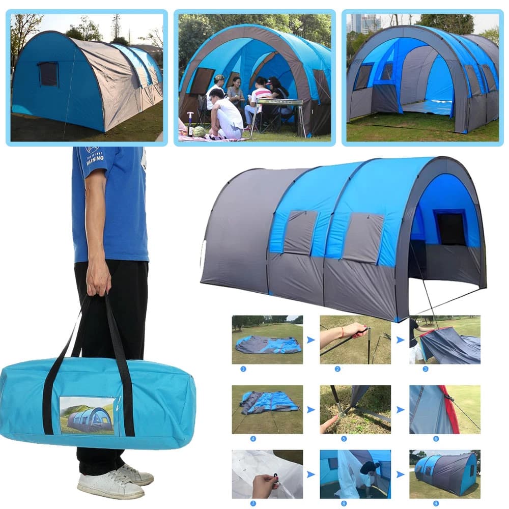 Large Outdoor Camping Tent Rainproof Waterproof Integrated Tunnel Contain 10 Person Team Tent With Breathable Windows For Travel