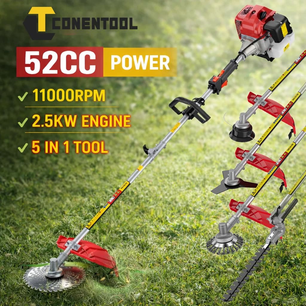 Conentool 5 in 1 Petrol Brush Cutter Handheld Garden Grass Trimmer 11000RPM 52CC 2 Stroke Hedge Trimmer Chainsaw Tool