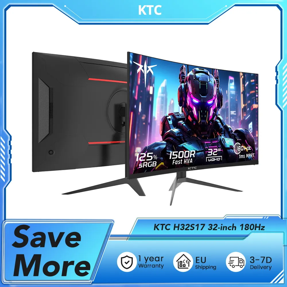 KTC H32S17 Gaming Monitor 32-inch 2560x1440 QHD 180Hz HVA Curved 1500R 300cd/m2 Brightness, 125% sRGB, 1ms(MPRT) Response Time