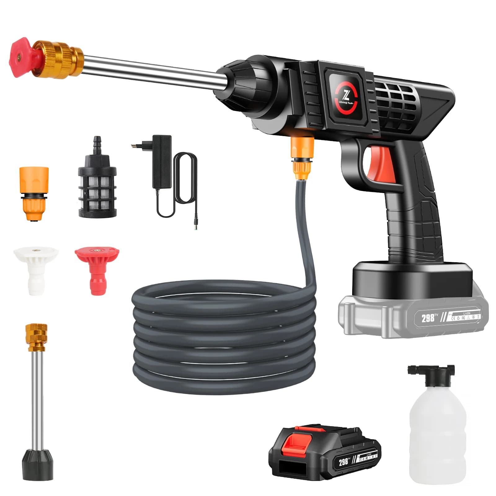 21V Cordless High-Pressure Washer Gun with Battery 20000RPM 18D Plunger Pump Multifunctional Nozzle for Auto Home Garden Cleaner Machine