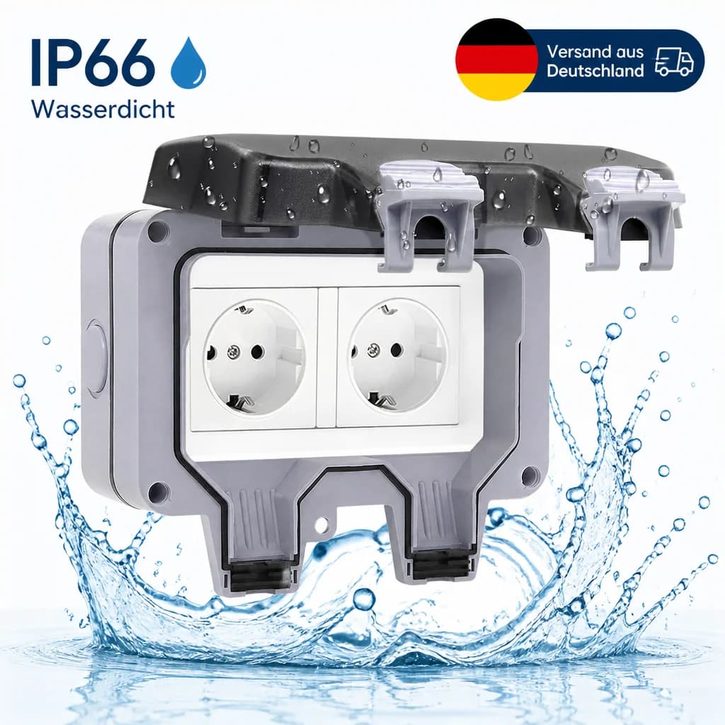 Double Outdoor Socket IP66 Waterproof Garden Outlet Box Wall Surface-Mounted Weatherproof Contact Protective Electrical Box with Hinged Lid Cover for Wet Rooms Garden Swimming Pool Outdoor Use