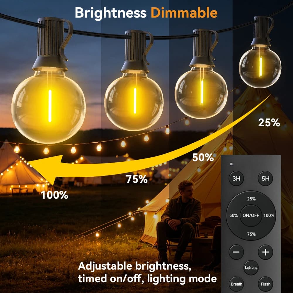 G40 LED Warm White Solar String Lights with Remote Control & 8 Flashing Modes - Adjustable Brightness,, Weather-Resistant for Ga