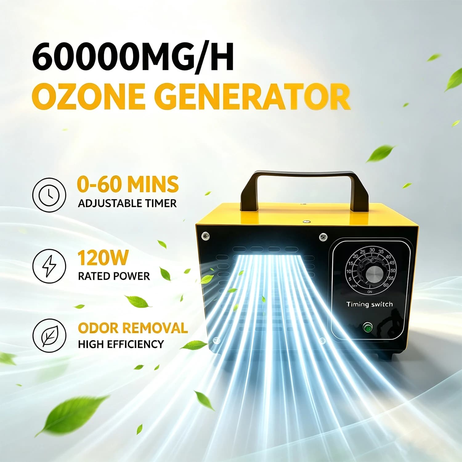 60000mg/h Ozone Generator, Industrial Air Purifier Ozone Machine with 0-60 Minutes Timer, Portable Ozonator for Pet Odor Formaldehyde Smoke Removal