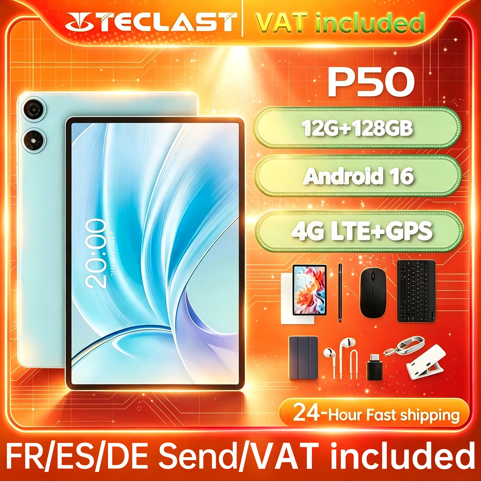 Teclast P50 Tablet 11" Android 16 90Hz Display T606 8-Core 12GB RAM (4GB+8GB) 128GB ROM 4G LTE GPS WiFi BT5.0 7000mAh Type-C