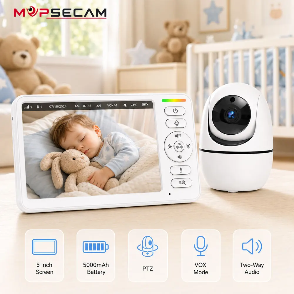 5 Inch PTZ Baby Monitor Camera with Audio 5000mAh Rechargeable Parent Screen 4X Digital Zoom Two Way Talk IR Night Vision VOX Sound Detection Room Temperature Monitor 5 Lullabies Remote Viewing Wireless Video Monitor for Nursery Bedroom Baby Care