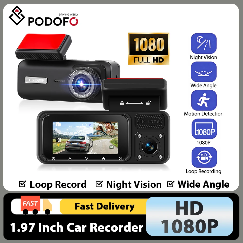 Podofo 1080P 1.9inch Dash Cam Dual Recording HD Car Recorder Support Motion Detection Loop recording Car DVR Support TF Card