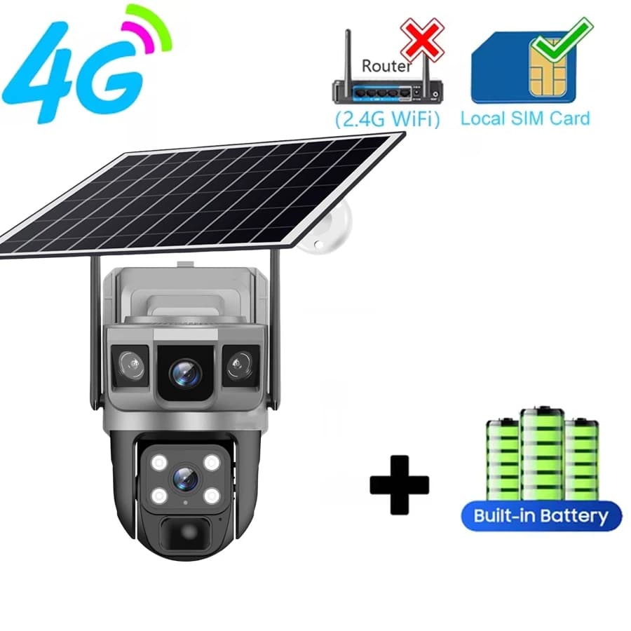 V380 Pro 12MP Solar 4G IP Camera CCTV Three Screen Auto Tracking Outdoor Waterproof 6K Security Surveillance PTZ Camera Rechargeable Battery Powered WiFi Surveillance Camera 355-Degree Horizontal And Vertical 90-Degree Rotation﻿