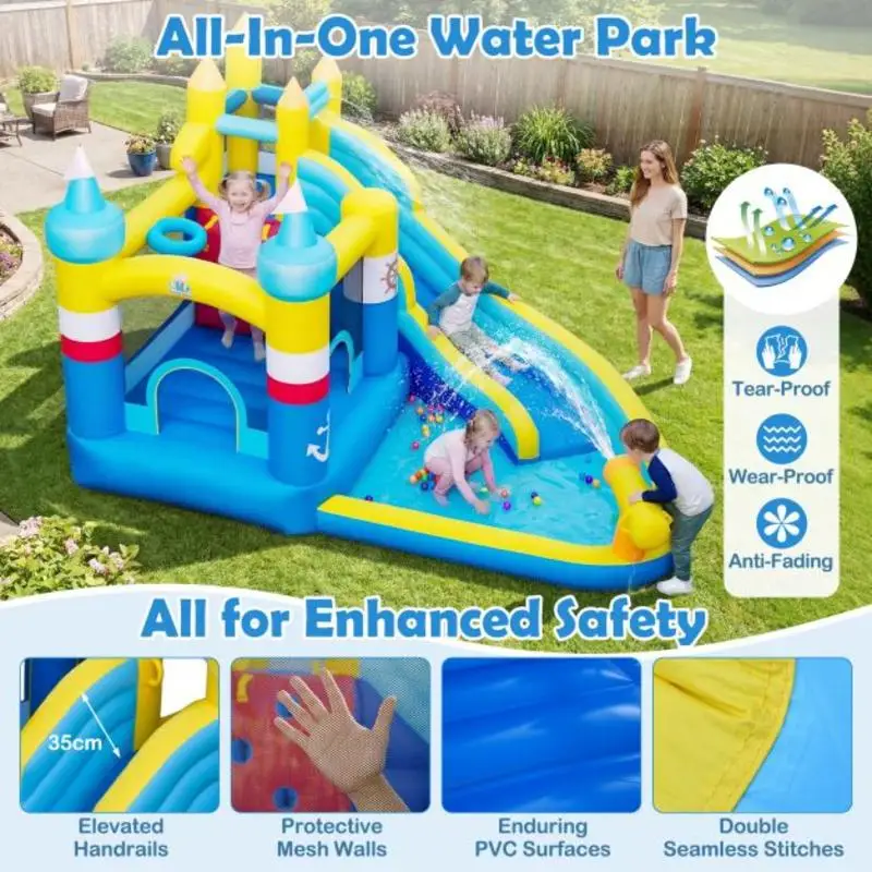 Kids Inflatable Water Park Bounce House Castle Splash Pool Slide Climb Wall Water Cannon Hoop for Backyard Garden (No Blower)